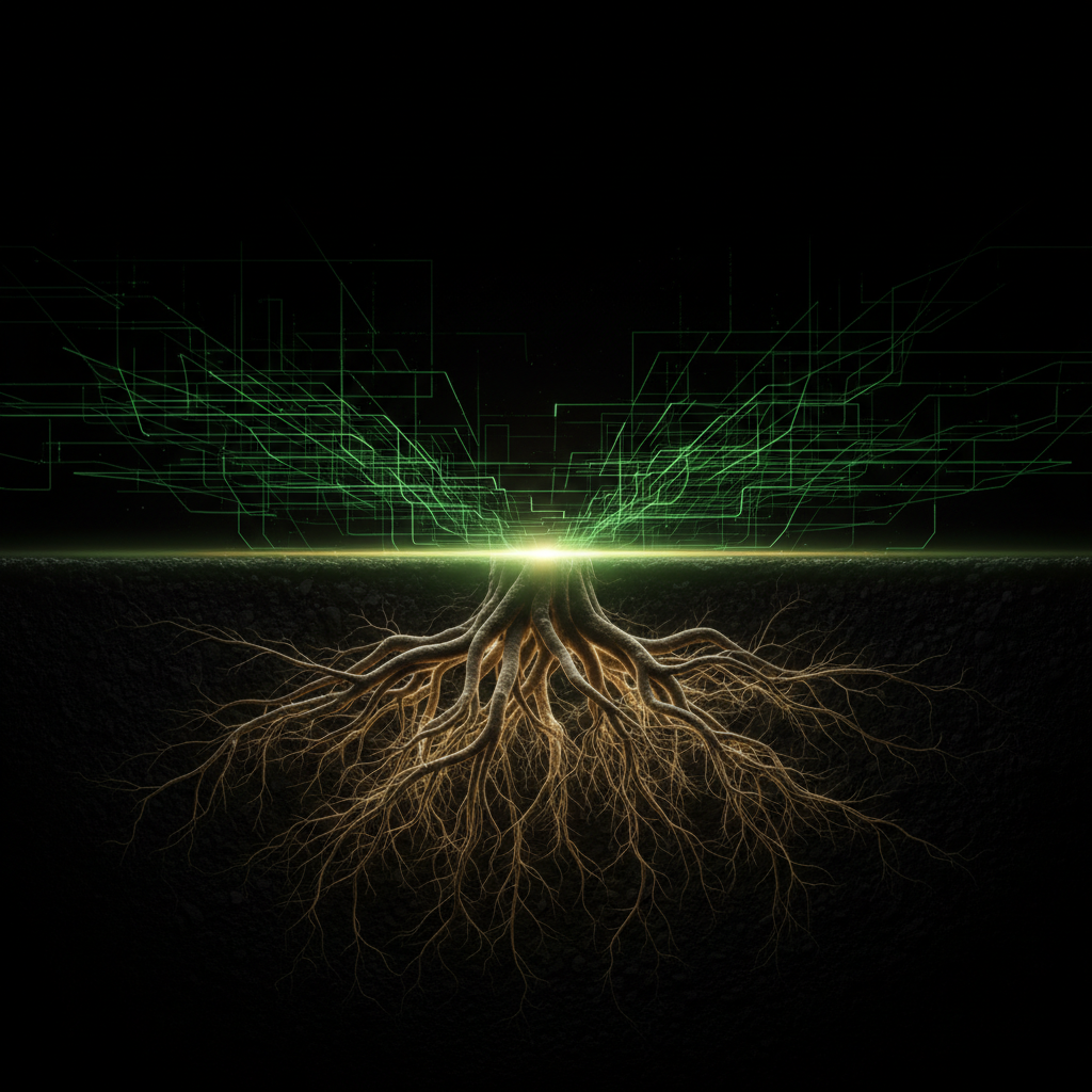 Roots and circuits converging at a glowing interface line